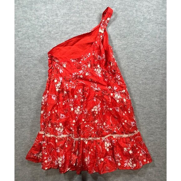Free People All Mine Red Floral One Shoulder Mini Dress‎ S Linen Blend - Picture 3 of 6